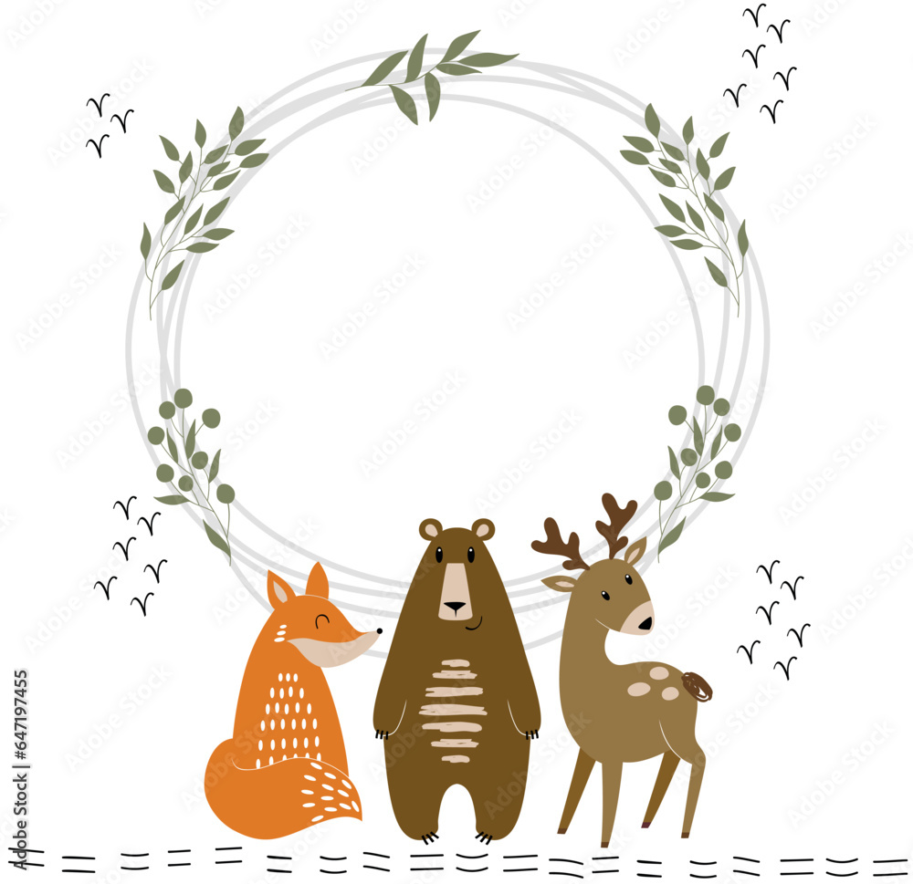 Baby shower card. Vector woodland frame with animals.