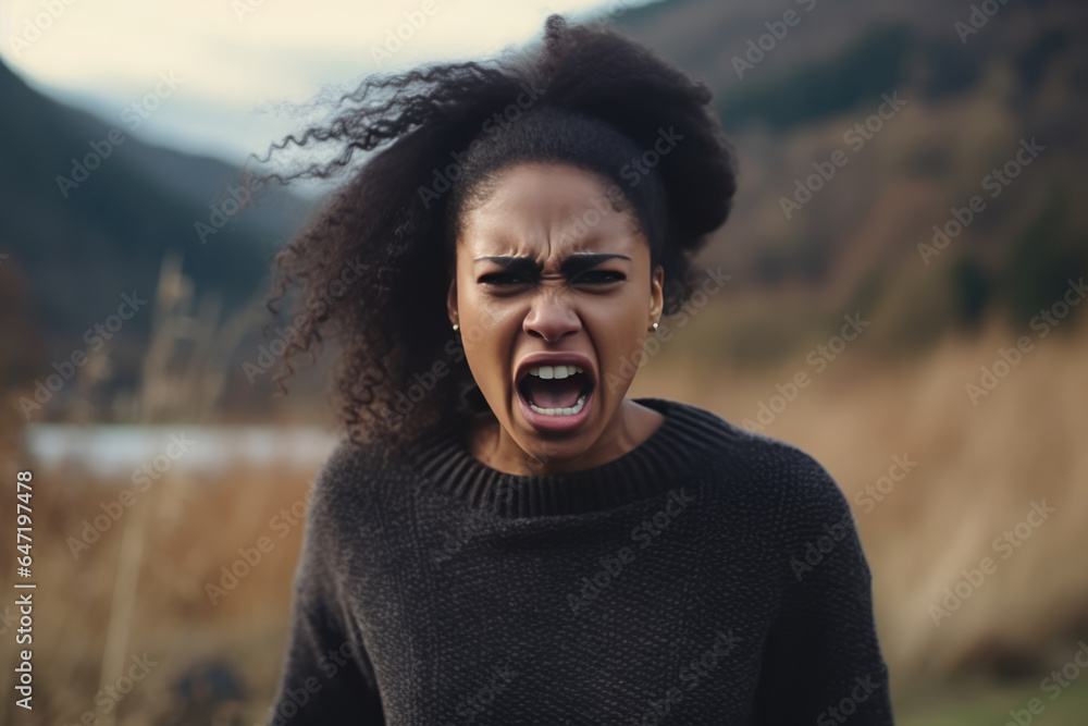Anger African Woman In Black Sweater On Nature Landscape Background - obrazy, fototapety, plakaty 