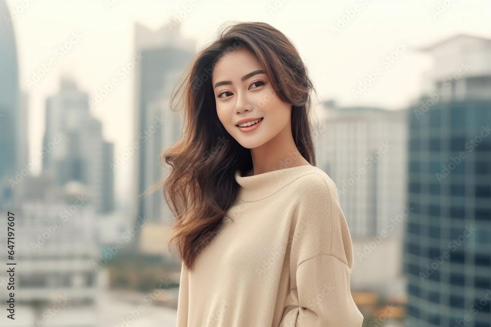 Happiness Asian Woman In Beige Sweater On City Background