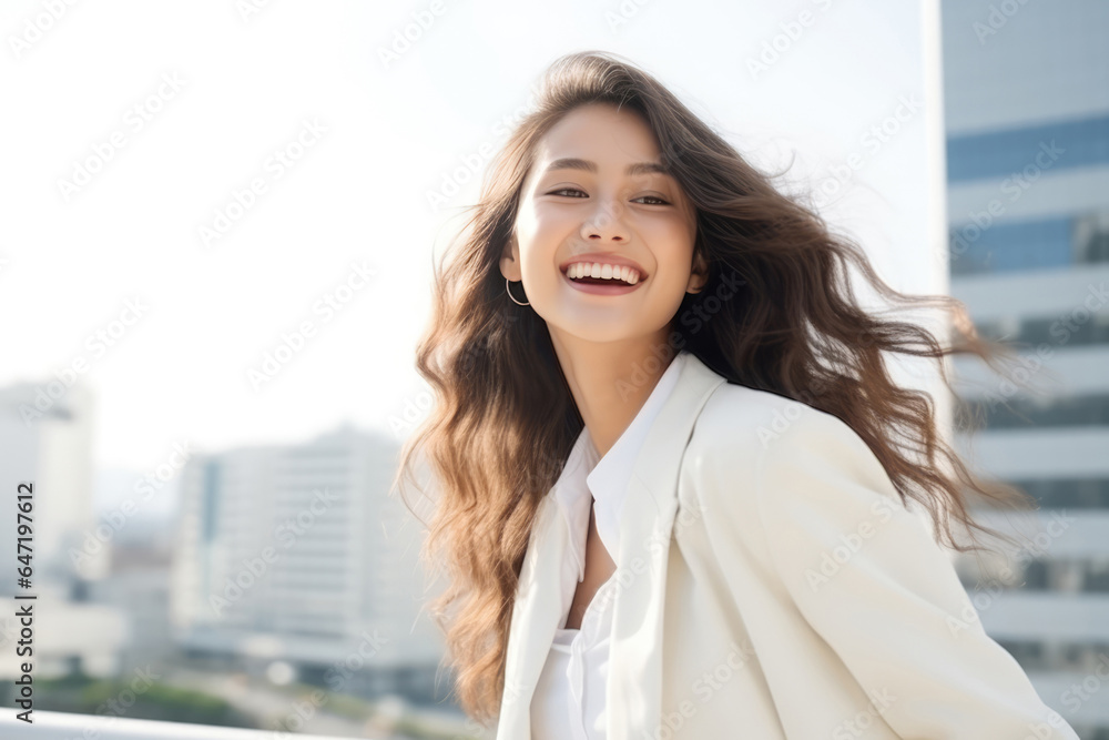 Happiness Asian Woman In White Suit On City Background