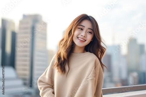 Free Download Happiness Asian Woman In Beige Sweater On City Background - GFXLoad
