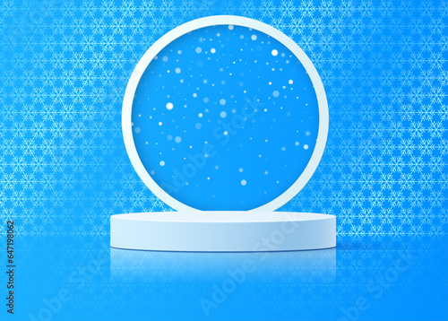 Vector winter round podium on the background of an ornament of snowflakes and a round frame with falling snow.