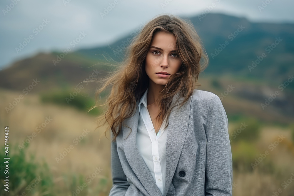 Sadness European Girl In Gray Suit On Nature Landscape Background Sadness European Girl In Gray Suit On Nature Landscape Background