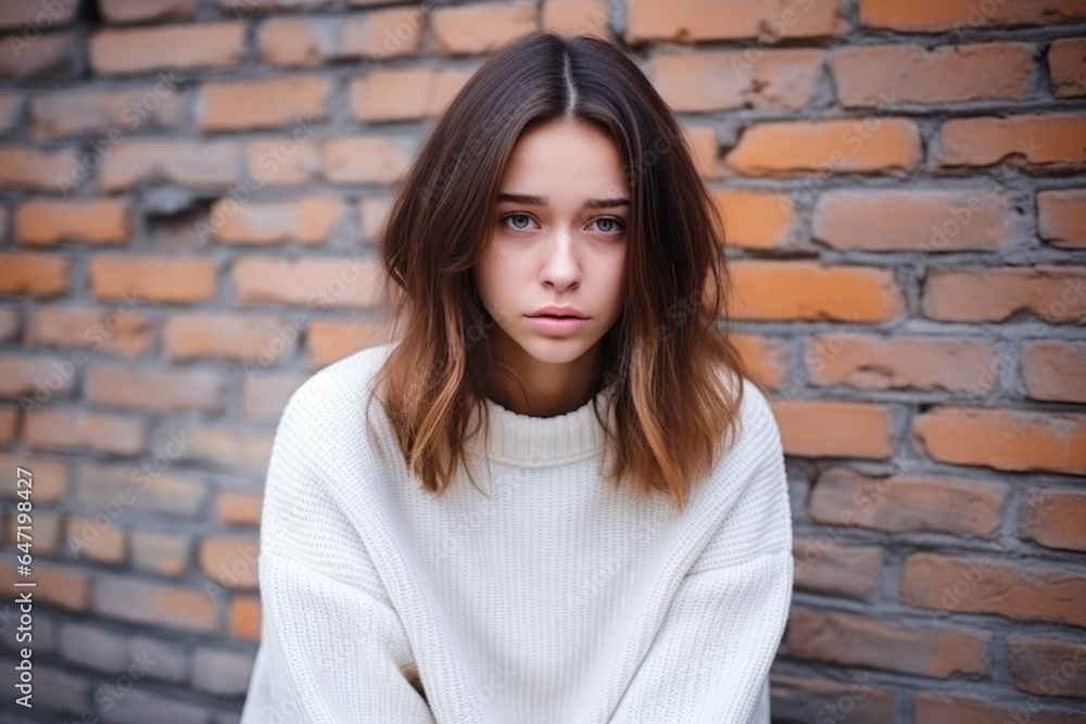Sadness European Girl In White Sweater On Brick Wall Background Sadness European Girl In White Sweater On Brick Wall Background