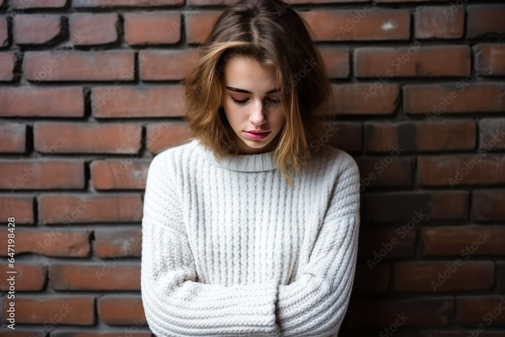 Sadness European Girl In White Sweater On Brick Wall Background Sadness European Girl In White Sweater On Brick Wall Background