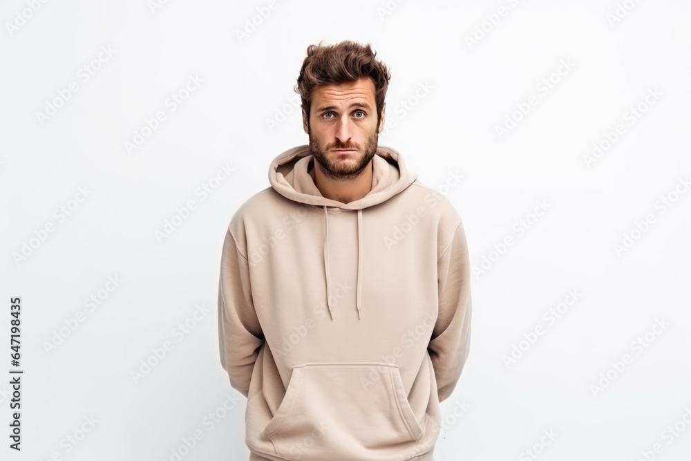 Fototapeta premium Sadness European Man In Beige Sweatshirt On White Background