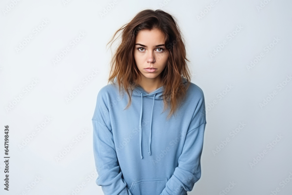 Sadness European Woman In Blue Sweatshirt On White Background