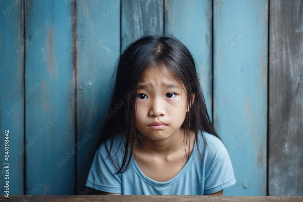 Sadness Asian Girl In Blue Tshirt On Wooden Plank Background Sadness Asian Girl In Blue Tshirt On Wooden Plank Background
