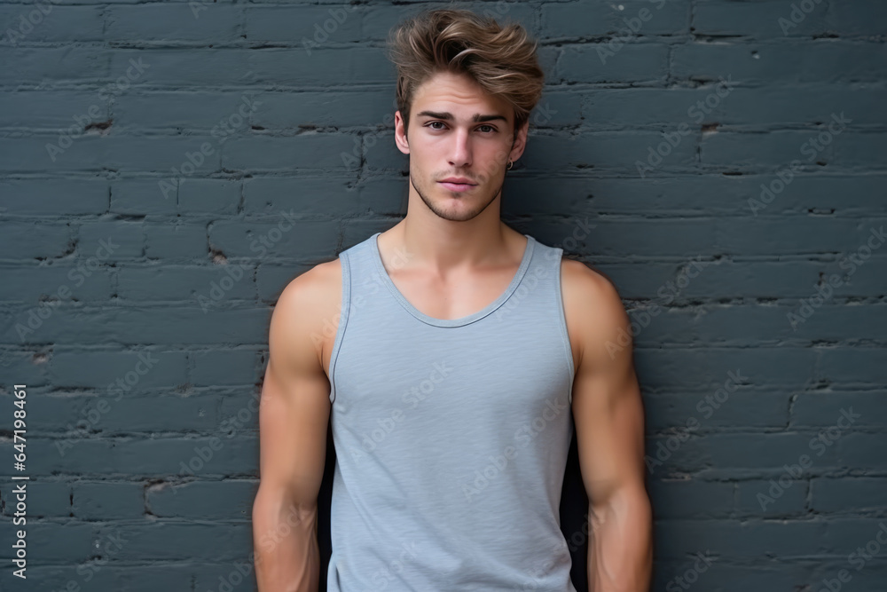 Sadness European Man In Gray Tank Top On Brick Wall Background Sadness European Man In Gray Tank Top On Brick Wall Background