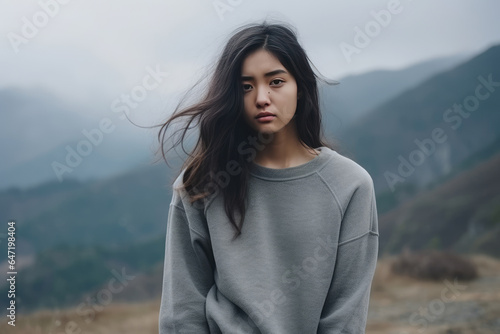 Sadness Asian Girl In Gray Sweater On Mountain Scenery Background