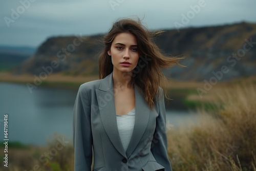 Sadness European Girl In Gray Suit On Nature Landscape Background © Anastasiia
