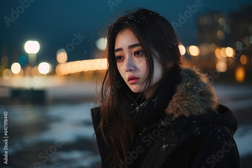 Sadness Asian Girl In Black Coat On City Background photo