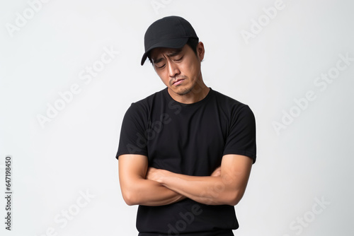 Sadness Asian Man In Black Polo Shirt On White Background