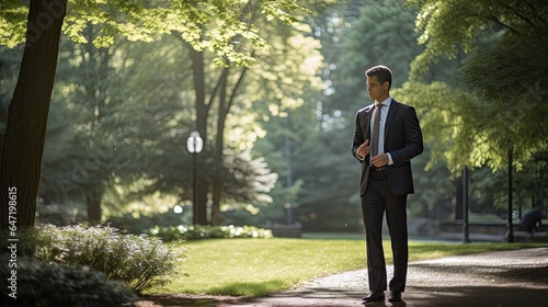 Businessman in a tranquil park, juxtaposing nature with corporate confidence