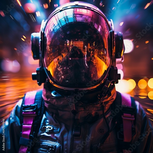 Helmet astronaut person portrait. Futuristic cyberpunk theme. Fictional character. Generative AI technology. © Hero Design