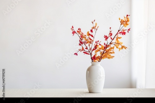 Home interior with decor elements. Colorful autumn leaves and red berries in a vase on a light background. generative ai. photo