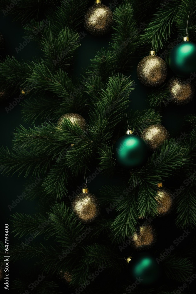 a special Christmas installation of Christmas tree branches, stars and golden and azure balls. azure background