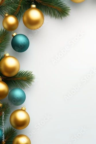New Year. a special Christmas installation of Christmas tree branches, stars and golden and azure balls. space for text. white background