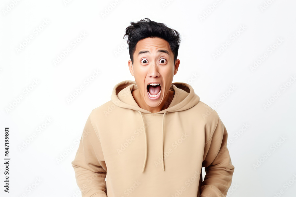 Surprise Asian Man In Beige Sweatshirt On White Background Surprise Asian Man In Beige Sweatshirt On White Background