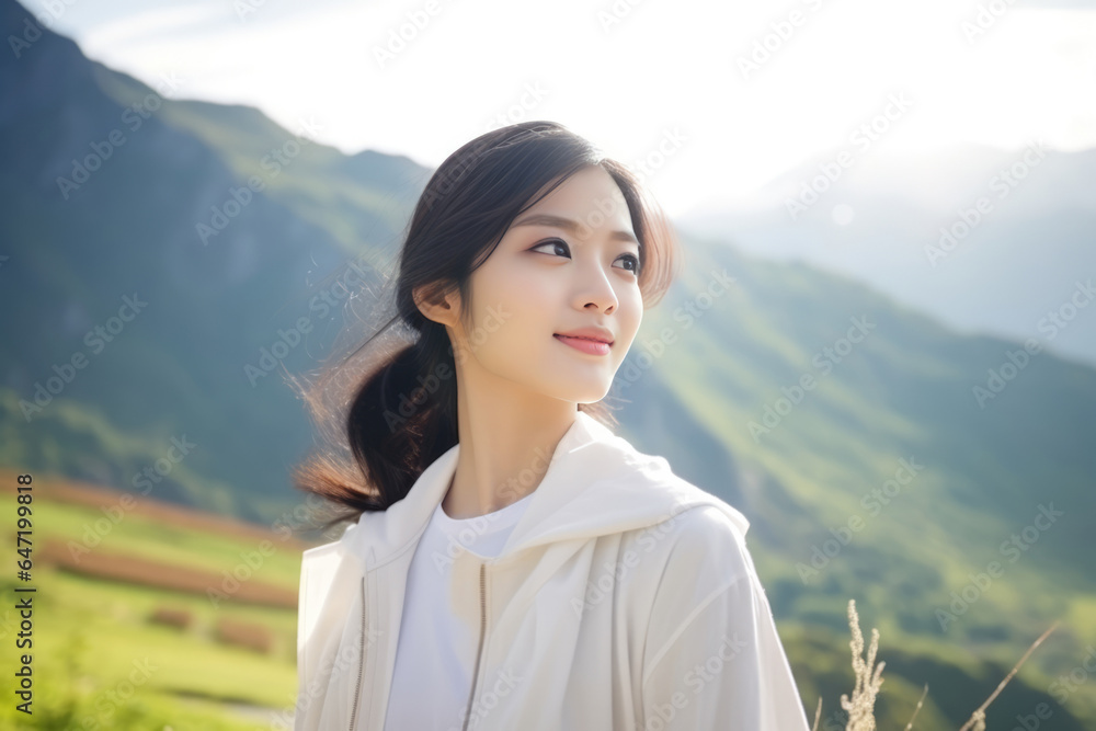 Obraz premium Surprise Asian Girl In White Coat On Mountain Scenery Background