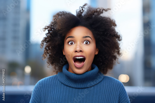 Surprise African Girl In Blue Sweater On City Background