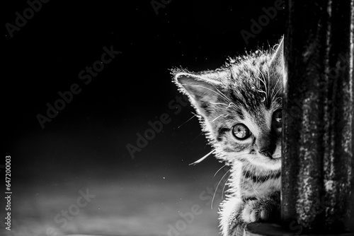Portrait d'un adorable petit chaton rayé tigré aux yeux bleus  © PicsArt