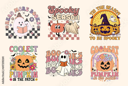 Set of vector Halloween 90's groovy t-shirt, vintage retro t-shirt design bundle. For t shirt prints, posters, and other uses.