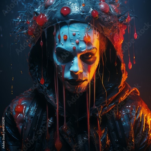 Evil clown portrait. Futuristic cyberpunk theme. Fictional character. Generative AI technology.