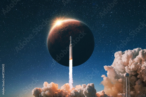 Cuadro en lienzo Space rocket with smoke and blast successfully takes off into the starry sky with the red planet Mars with sunlight