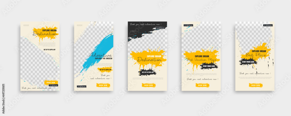 Set of travel sale social media post and story template. Web banner, flyer or poster for travelling agency business offer promotion. Holiday and tour advertisement banner design