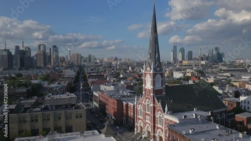 flying counter clockwise around iconic church in Greenpoint Brooklyn photo