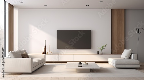 Modern minimalist living room with TV and beige sofa.