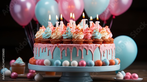 birthday cake with candles and balloons, Generative AI
