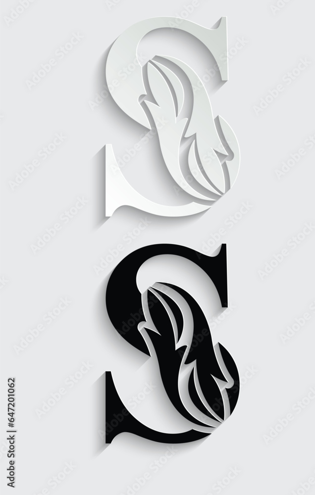Obraz premium letter S. Black flower alphabet. Beautiful capital letters with shadow 