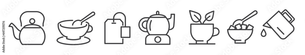 Tea time editable thin line vector illustration icons set - teapot, Tea cup, teapot, tea bag, lump sugar, teaspoon, teapot warmer and pitcher Tea time editable thin line vector illustration icons set - teapot, Tea cup, teapot, tea bag, lump sugar, teaspoon, teapot warmer and pitcher