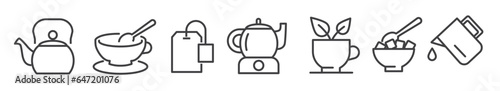 Tea time editable thin line vector illustration icons set - teapot, Tea cup, teapot, tea bag, lump sugar, teaspoon, teapot warmer and pitcher