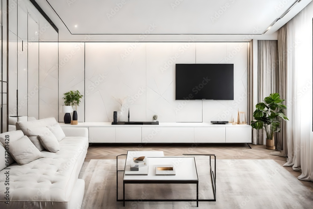 Beige corner daybed sofa against windows in room with high ceiling. Minimalist home interior design of modern living room. Beige corner daybed sofa against windows in room with high ceiling. Minimalist home interior design of modern living room.