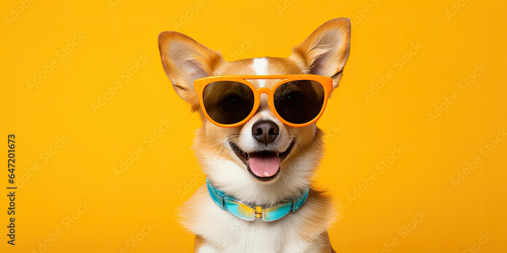 Dog wearing cool glasses on colored background