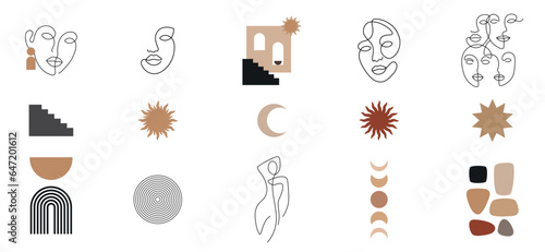 retro mid century modern clipart set, vector illustration, abstract minimalist design with geometric shapes, boho elements and line art  faces, simple woman portrait