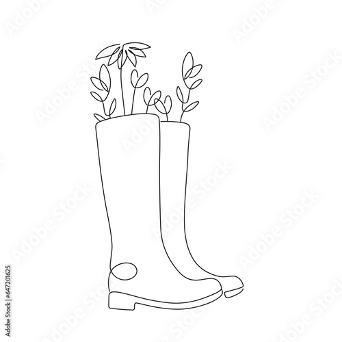 retro mid century modern line art rain boots with flowers, vector illustration, abstract minimalist logo design, fall, autumn, spring concept