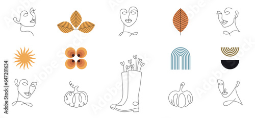 Wallpaper Mural retro mid century modern autumn clipart set, fall vector illustration, abstract minimalist design with geometric shapes, leaves, pumpkin and line art elements and faces, simple woman portrait Torontodigital.ca