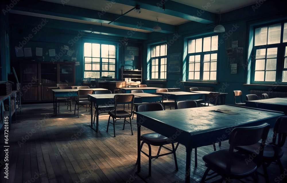 Empty Classroom with Several Desks - Educational Setting