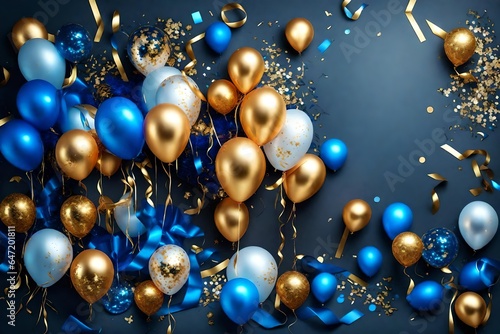 Holiday background with golden and blue metallic balloons, confetti and ribbons. Festive card for birthday party, anniversary, new year, christmas or other events.
