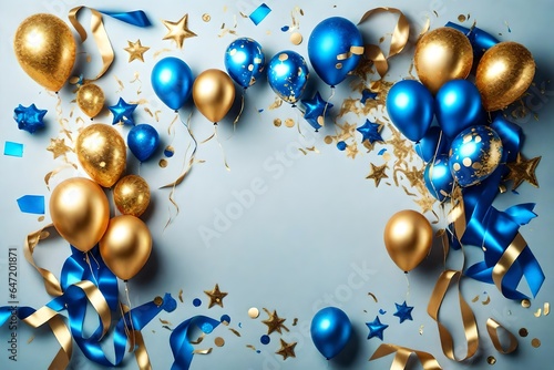 Holiday background with golden and blue metallic balloons, confetti and ribbons. Festive card for birthday party, anniversary, new year, christmas or other events.