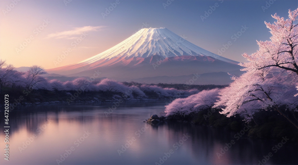 Landscape of magic-hour Mount Fuji and Sakura.
