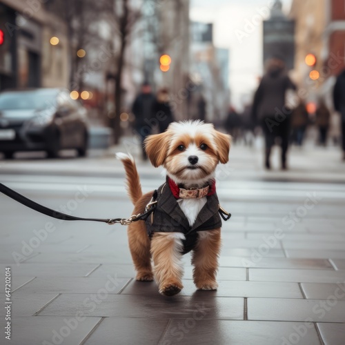 cute dog walking on the street in the city on a leash