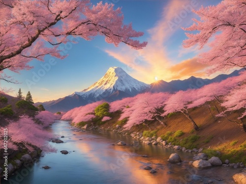 Landscape of magic-hour Mountain Fuji & Sakura. 