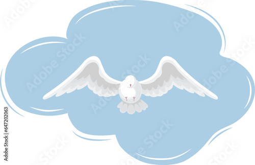 A flying dove on a background of a cloud. A symbol of peace, the holy spirit. Vector graphics