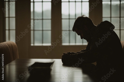 Silhouette of a depressed man sitting with head down.
