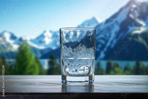 Close view with light shining in the sun in a clear water glass. Natural snowy mountains and beautiful scenery background. Environmental concept of health and beauty.